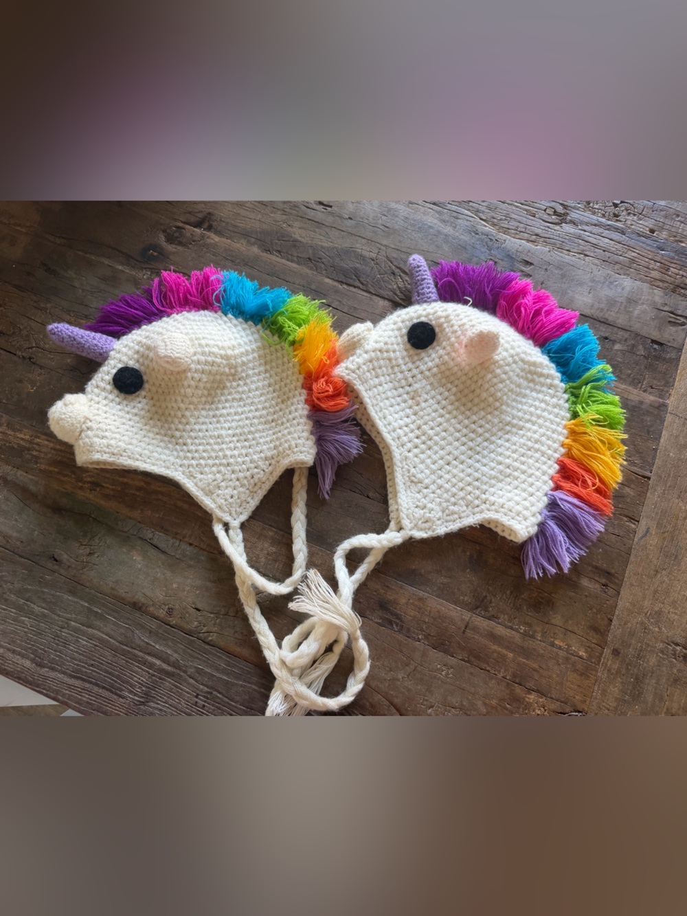 2 Cream Crochet Kids Unicorn Hats with Rainbow Mane